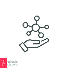 Hand molecule line icon, biology evolution, collagen, protein, social technology, bio global. Holding molecular compound structure Editable stroke vector illustration design on white background EPS 10