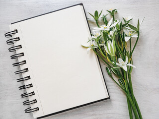 Naklejka premium Blank notepad page for your congratulatory message. Closeup, view from above. No people. Concept of preparation for a holiday. Congratulations for relatives, friends and colleagues