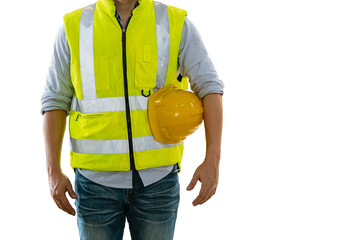 Engineering man wearing uniform safety worker perform isolated on white background. clipping path.