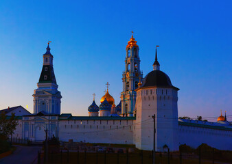 The Trinity-Sergius Lavra is the largest male monastery of the Russian Orthodox Church with a long history. Located in the center of the city. At night, Aerial View