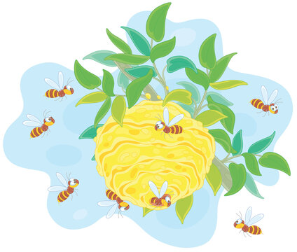 bees around yellow beehive on branch clip art preview