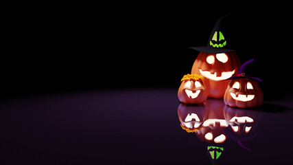 Halloween Funny Lantern Jack Pumpkins in Witch Hat. Rendering from 3D.