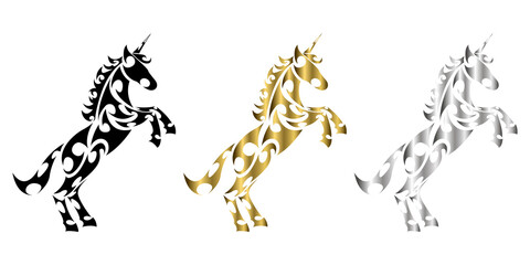 three color black gold silver Line art vector of unicorn with front legs raised Suitable for use as decoration or logo