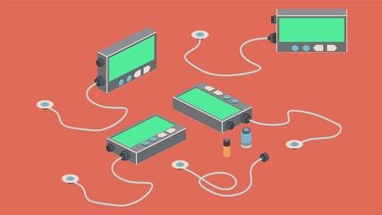 Isometric vector illustration of insulin pump, reservoire and catheter.