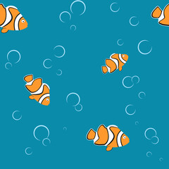 Seamless pattern with clown fish and bubble, on the blue background. Wrap paper on Marine theme