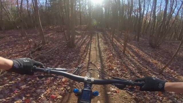 Adventure Active Lifestyle Sports. Riding mountain bike on path in woods.View from first person perspective