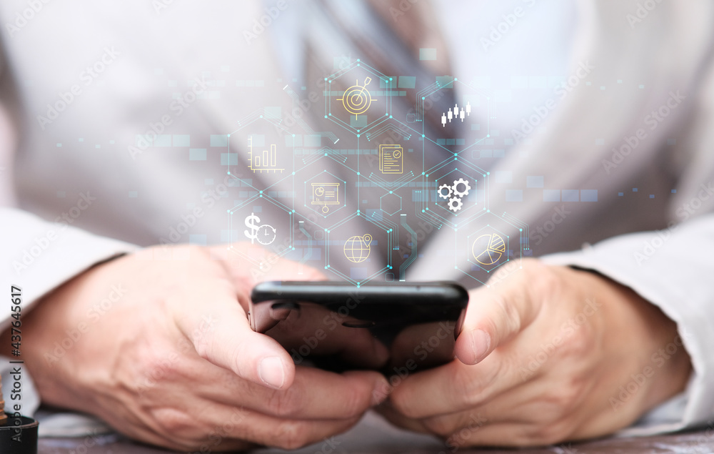 Poster businessman using smartphone and working data analytics process management with financial charts and