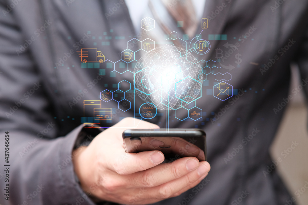 Aufkleber businessman working using smartphone cargo and tracking delivery for transportation and global netwo