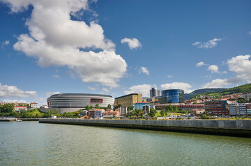 Obraz premium Nervion river and Athletic club de Bilbao Football Stadium (San Mames), Bilbao