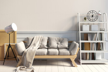 Modern interior with rack and sofa. Wall mock up. 3d illustration.