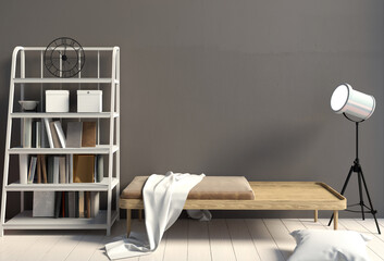 Modern interior with rack and bench. Wall mock up. 3d illustration.