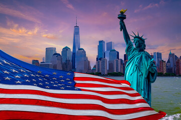 Statue of liberty, NYC, USA symbol, USA flag
