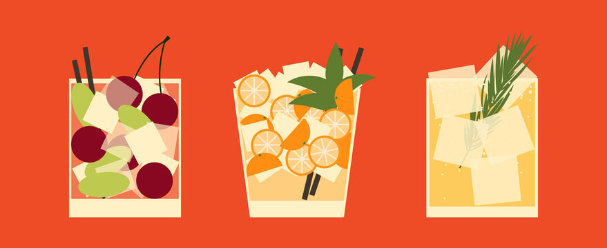 Set of cocktails. An illustration of three cocktails in short glasses. Vector illustration of summer cooling cocktails with ice and fruits.
