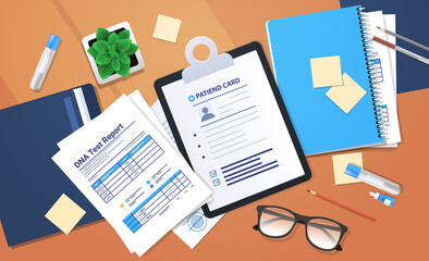 clipboards documents folders with genetic DNA tests and reports clinic medical treatment research and testing