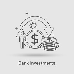 The Bank Investments icon.The concept of financial activity and business strategy and banking.Vector illustration of the thin line icon.Black on a white background.