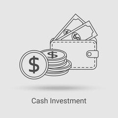 The Cash Investment icon.The concept of financial activity,bank investments and cash payments .Vector illustration of the thin line icon.Black on a white background.