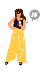 Woman with smartphone. Cartoon female standing and holding device. Trendy girl with phone. Cute person walking and online chatting. Vector character in casual clothing and speech bubble