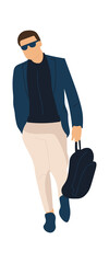 Trendy man going to work. Cartoon male character walking alone. Modern outfit. Office worker carries backpack. Businessman wear jacket and trousers. Vector handsome fashionable guy