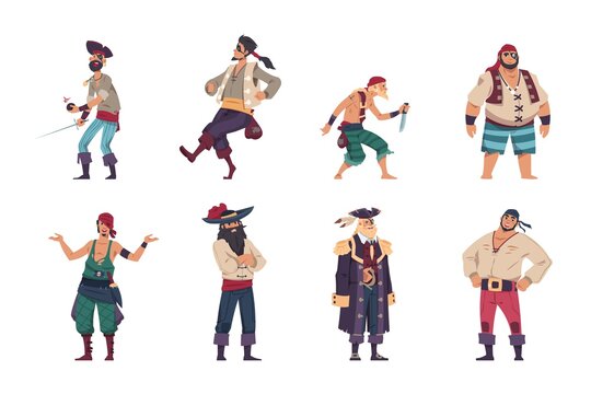 Pirate characters. Cartoon filibusters. Captain of sailboat and marine robbers. Sea criminals standing in different poses. Bearded men with bandanas and eye patches. Vector corsairs set
