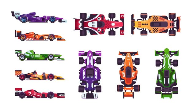 Formula race cars. Cartoon fast automobiles. Top and side view of colorful vehicles for sport championships. Toys for boys, auto models. High-speed racing transport set. Vector bolides