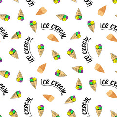 Seamless pattern and hand drawing lettering. Ice cream balls in a waffle cup.