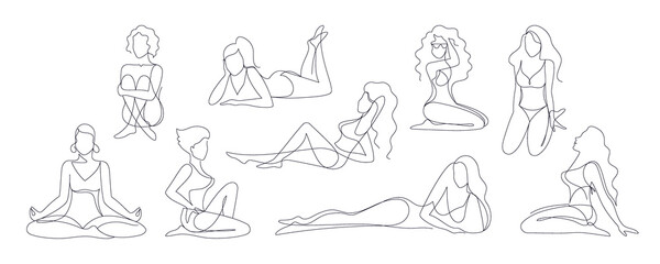 Women figure. Continuous line silhouette of female body in different poses. Person meditating in yoga posture. Girls in swimsuit sitting or lying on beach. Vector linear sketches set