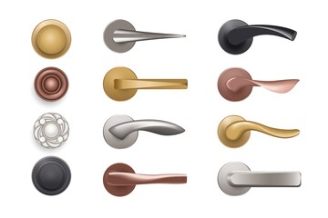 Door knob. Realistic handles. Bronze and golden furniture for doorways. Silver or black decorative elements. Objects for entry in room. Vector round door-handles or with lever arms