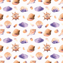 Seamless background with watercolor seashells. Bright pattern for wallpaper, fabric, packaging, cards.