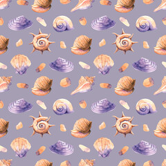 Seamless background with watercolor seashells. Bright pattern for wallpaper, fabric, packaging, cards.