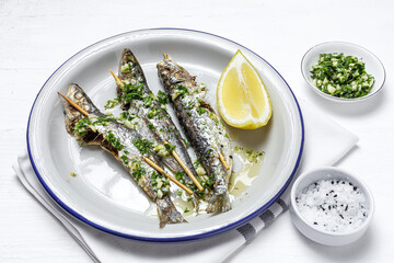 Homemade Grilled Sardines with Garlic, Olive Oil, Fresh Parsley, and Lemon
