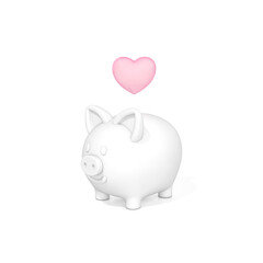white piggy bank with pink heart icon on white background for business and financial concept 3d rendering. 3d illustration concept of save money or open a bank deposit or Investments in future.