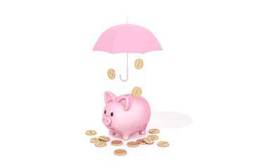 Pink piggy bank and sunglasses with umbrella on blue background for business and financial concept 3d rendering. 3d illustration concept of save money or open a bank deposit or Investments in future.