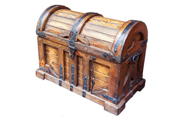 An old wooden chest inhabited by iron. Treasure chest. Isolated.
