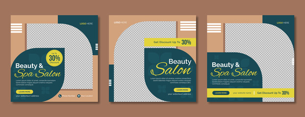 Spa & beauty parlour social media post template design. Salon makeup, health or body massage and cosmetic care service marketing banner or flyer. Online business poster background with logo & icon   