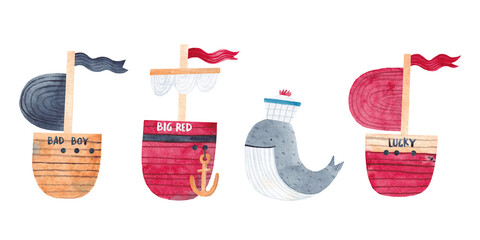Watercolor set - boats and cute whale. © bukhavets