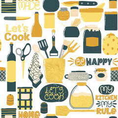 Seamless pattern with cooking utensils in cartoon flat design. Repeated hand drawn background with kitchenware in Scandinavian style.