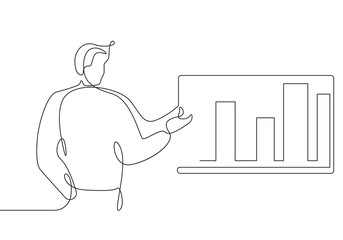 Continuous One Line Drawing of Businessman Doing Presentation. Single Line Art of Businessman Presenting Finance Graphic. Vector EPS 10