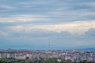 Panorama of the city from a height on a rainy day