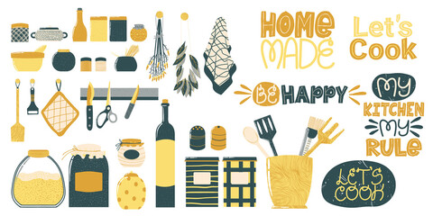 Kitchenware icons collection with cute quote. Cooking utensil hand drawn clip art set. Vector illustration in flat Scandinavian style. Isolated on white background..