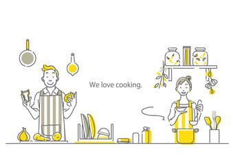 お洒落なキッチンで料理を楽しむ夫婦　シンプルでおしゃれな線画