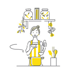 お洒落なキッチンで料理を楽しむ女性　シンプルでお洒落な線画イラスト
