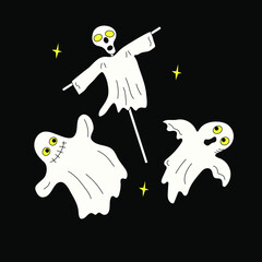 Halloween, set of icons in doodle style. Symbols, icons, attributes of the holiday. Vector drawings. Illustration with isolated background.