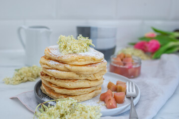 sweet home made pancakes with rhubarb and elderflower