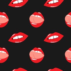Red lips seamless pattern. Female sexy lipstick. Woman lip with makeup, tongue and white teeth, cartoon vector isolated contemporary decor textile, wrapping paper wallpaper vector print or fabric