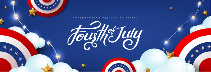 Independence day USA celebration banner with festive decoration american on cloud sky. 4th of July poster template. 