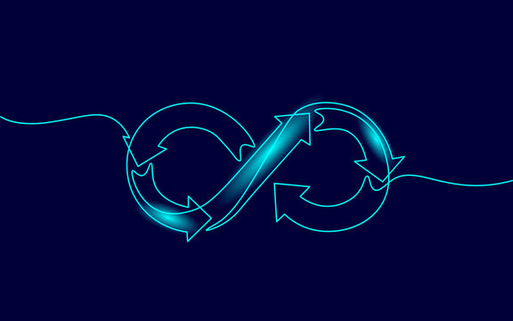 Single continuous line art devops agile concept. Infinity symbol team workflow programming project management. Design one stroke sketch neon drawing vector illustration art