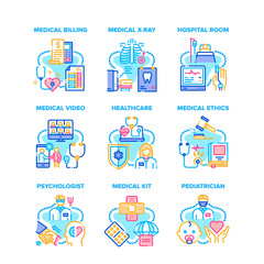 Medical Healthcare Set Icons Vector Illustrations. Medical Educational Video And Calling Communication Doctor With Patient, Pediatrician And Psychologist, X-ray And Room Color Illustrations