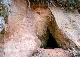 Obraz premium landscape with sandstone outcrops by a small wild river, sandstone texture, old grass, moss and other typical plants, Strikupe, Vaidava, Latvia