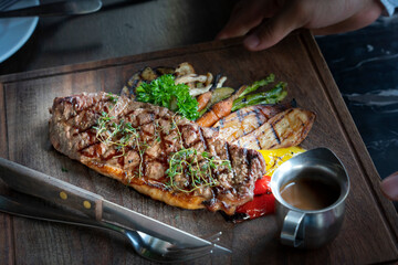 Beef Steak. Medium rare sliced grilled striploin beef steak