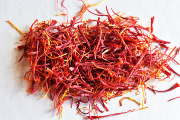 Saffron (Crocus sativus) threads are the dried styles and stigmas of the flower. The most expensive spice. 
